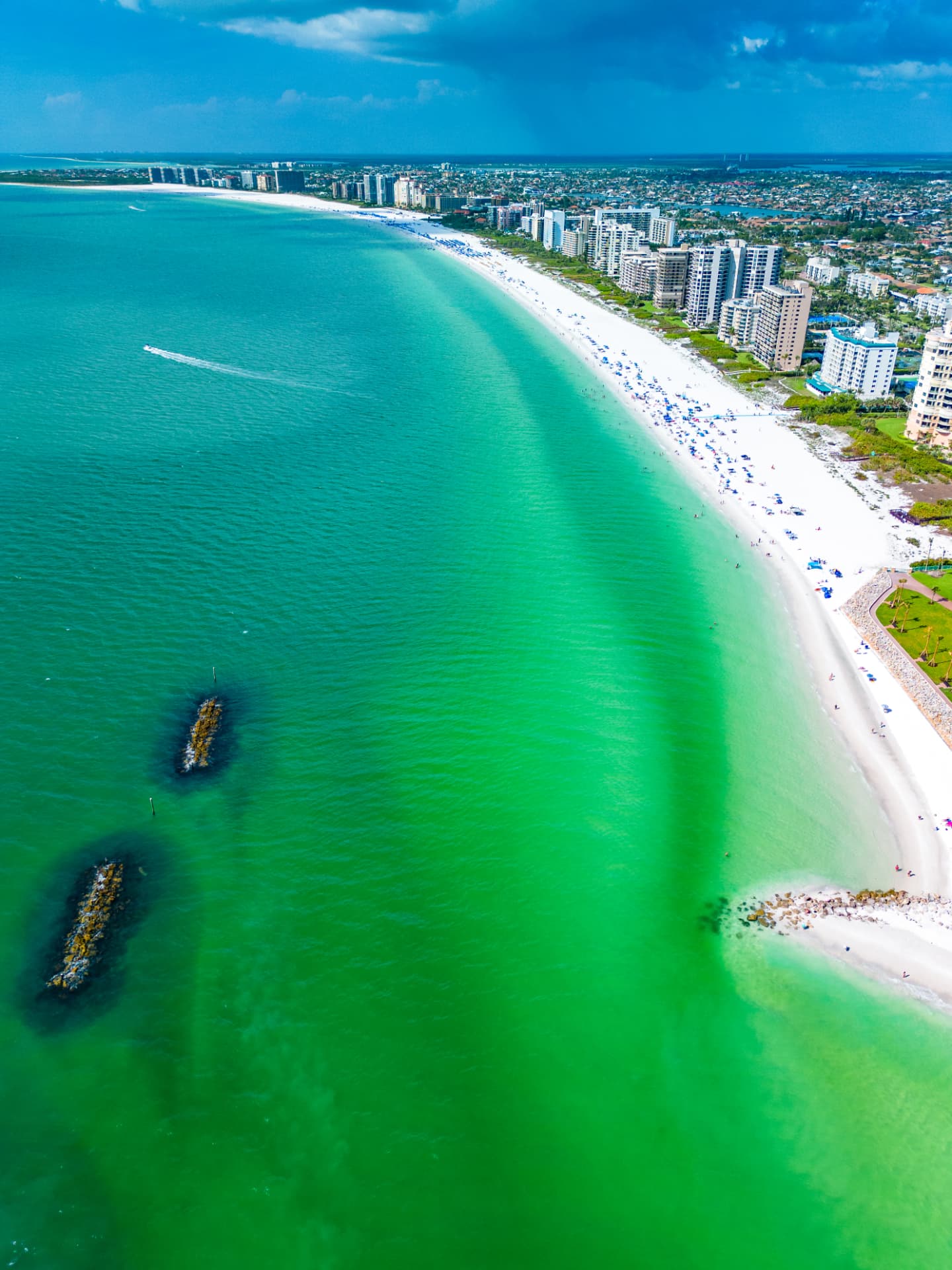 Aerial view of Marco Island's white-sand beach and Gulf shoreline