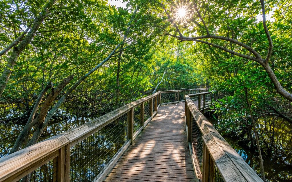 Boardwalk through a sunlit mangrove preserve