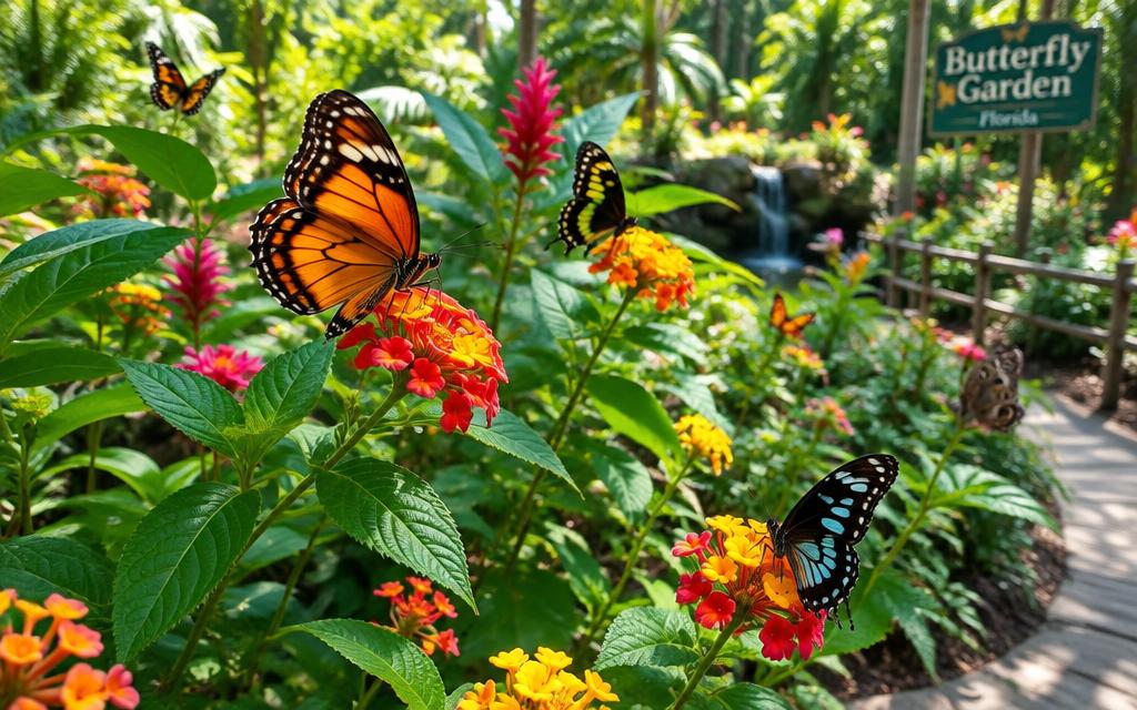 Butterflies on tropical garden flowers