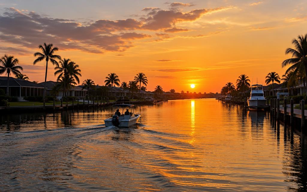 Boat cruising a palm-lined canal at sunset