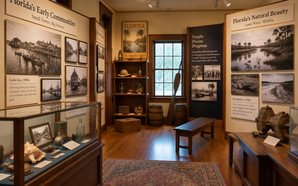 Local history museum exhibit with vintage photographs