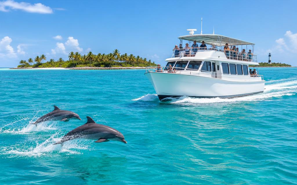 Cruise boat with dolphins leaping nearby