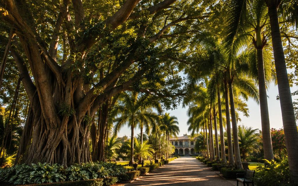 Banyan tree and royal palms in a historic estate garden