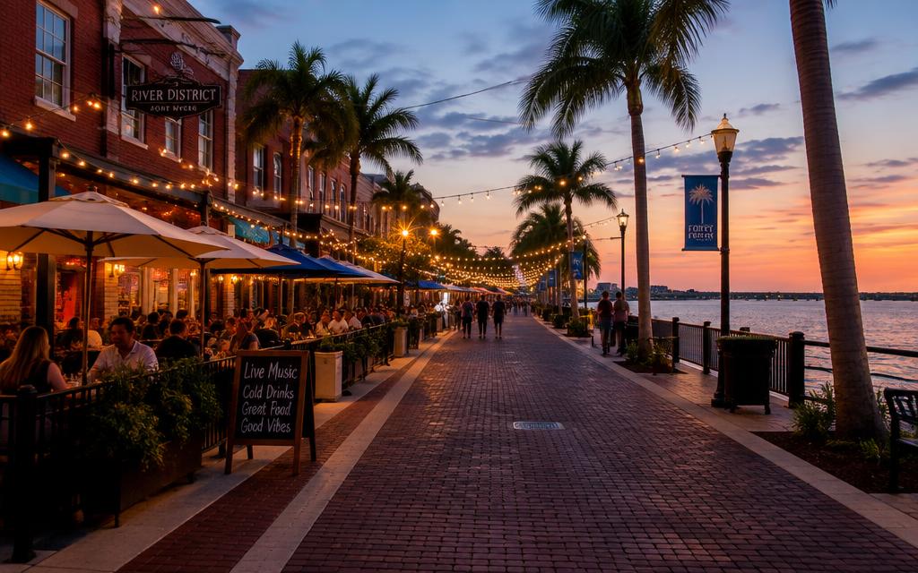 Brick-paved river district street at dusk