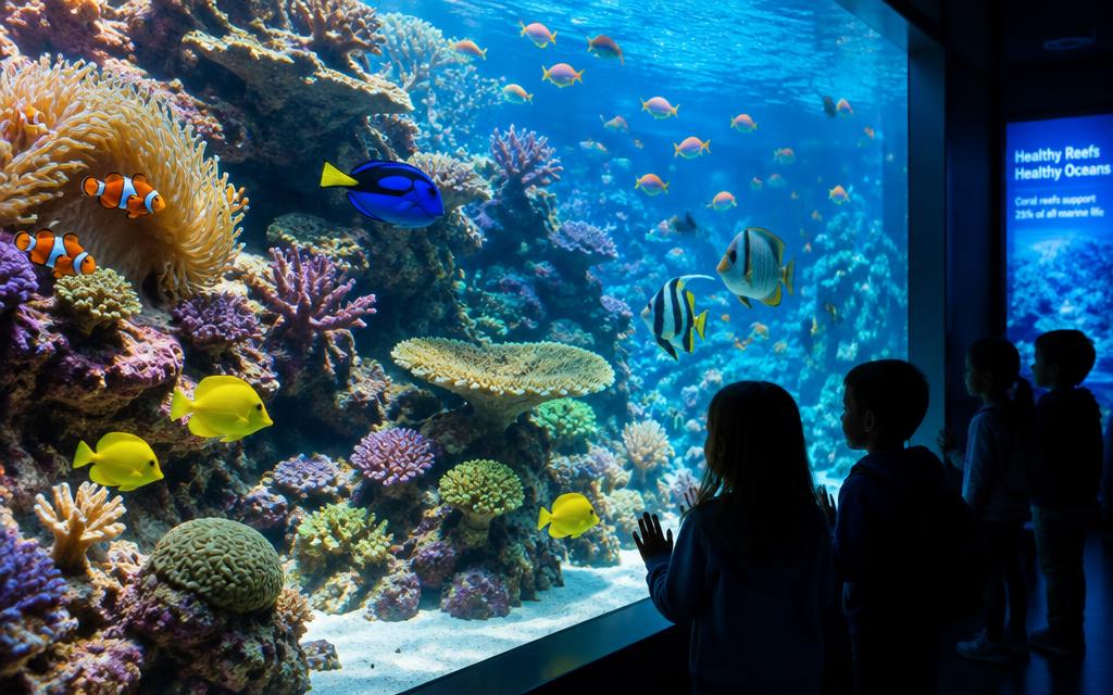 Children watching a colorful aquarium tank