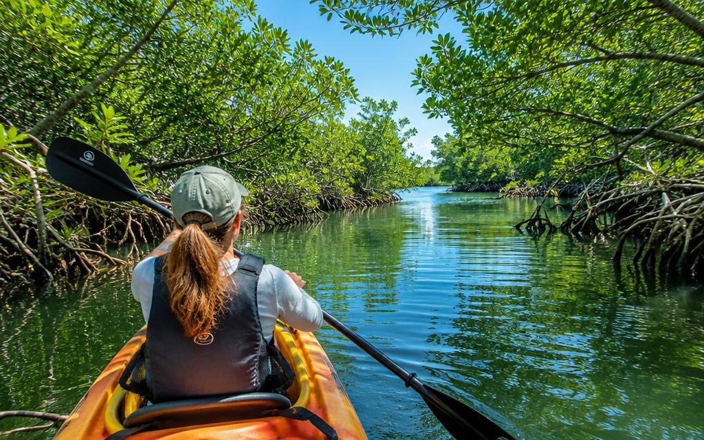 Kayaker paddling through mangrove islands