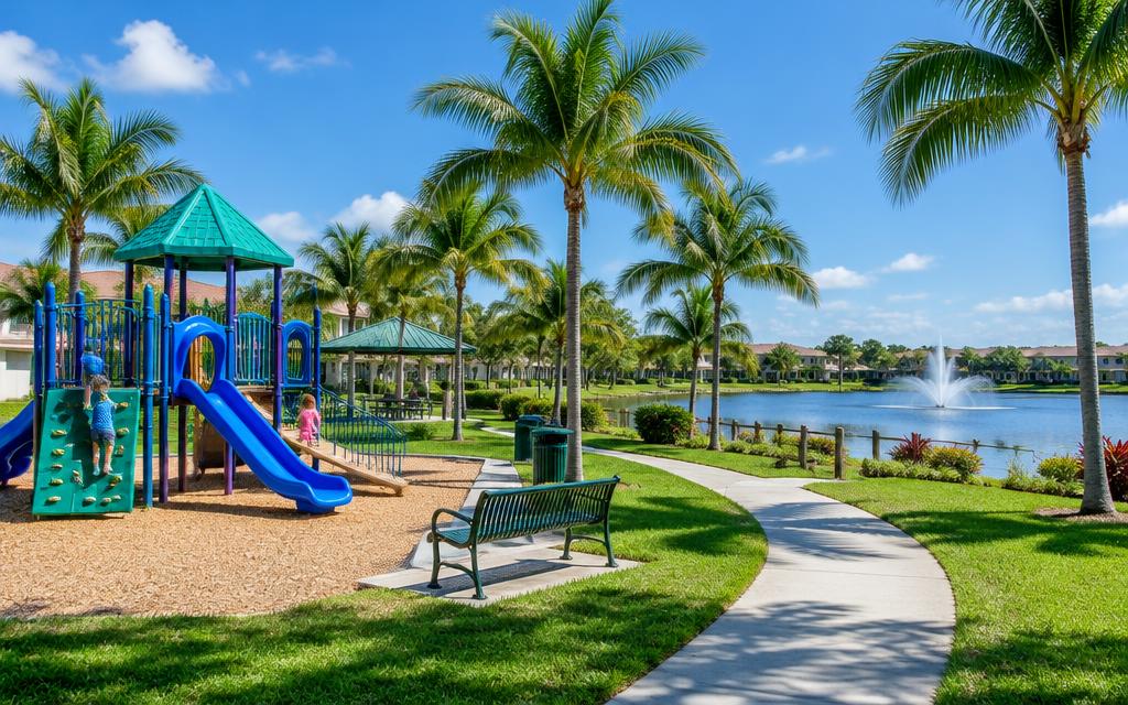 Lakeside playground beneath palm trees