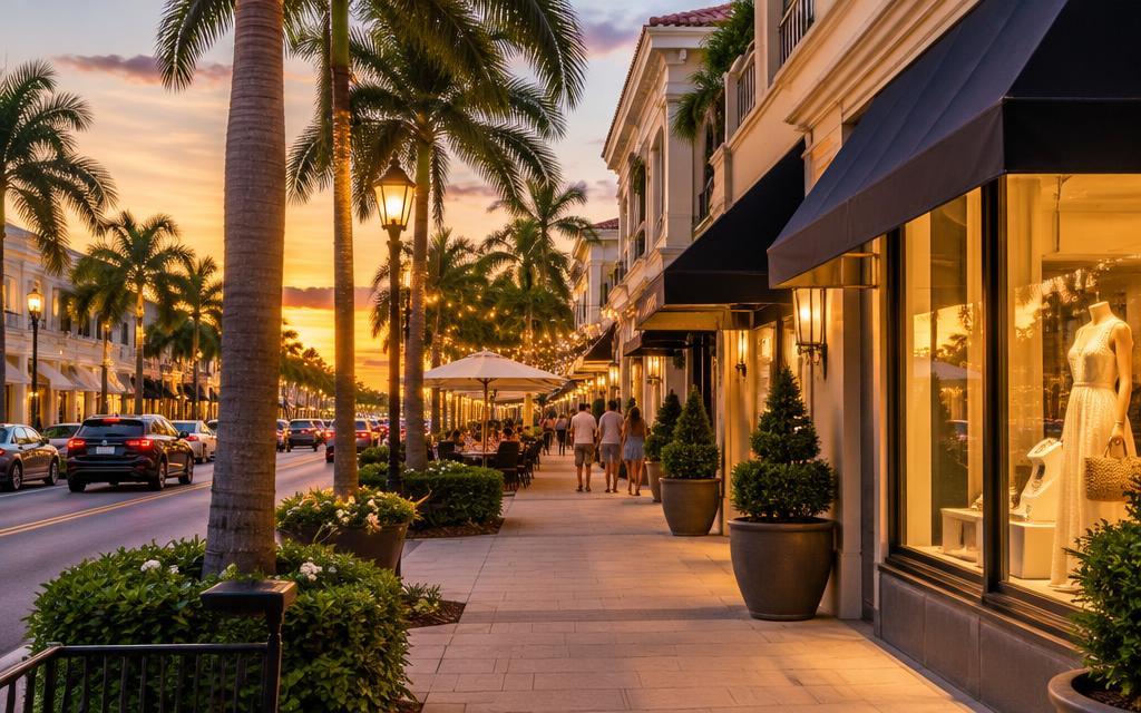 Palm-lined Old Naples shopping street at dusk