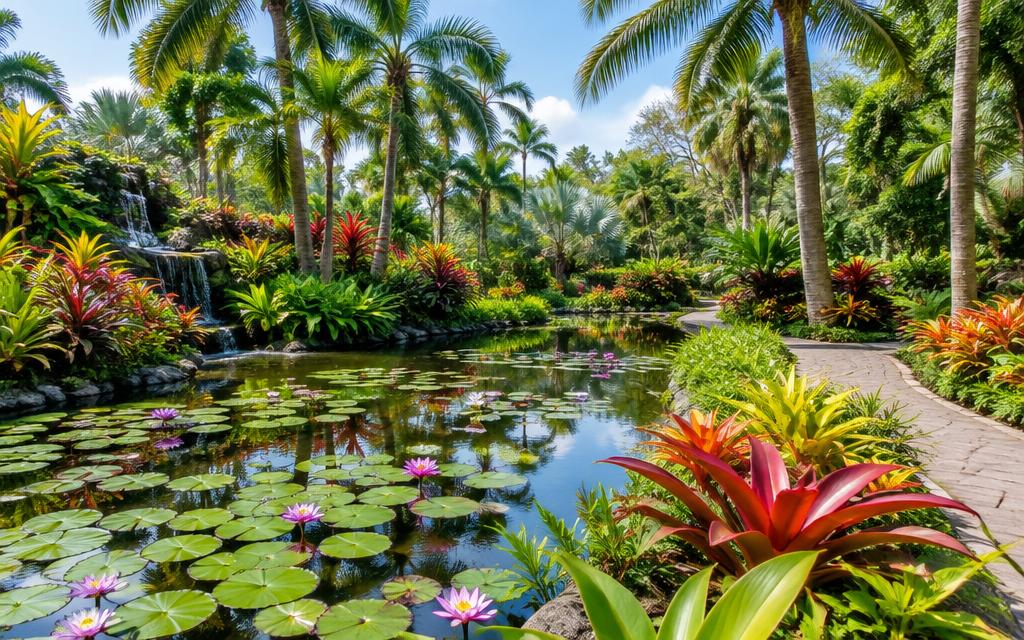 Tropical botanical garden with a water lily pond