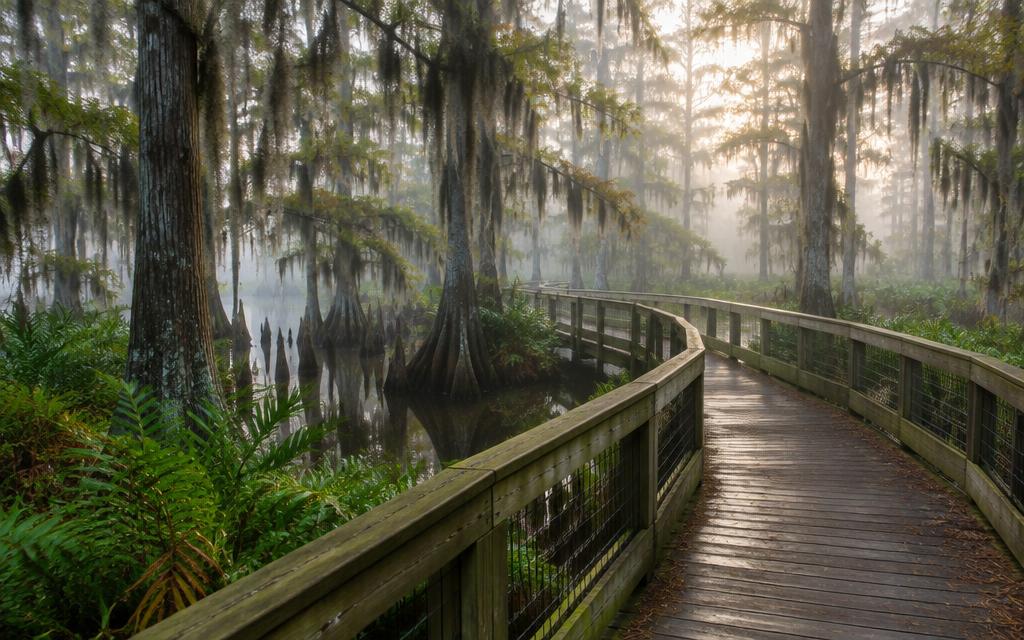 Boardwalk through a misty cypress swamp