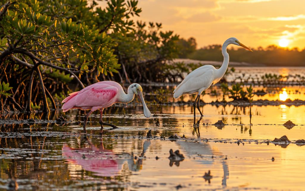 Spoonbill and egret wading in mangrove tidal flats