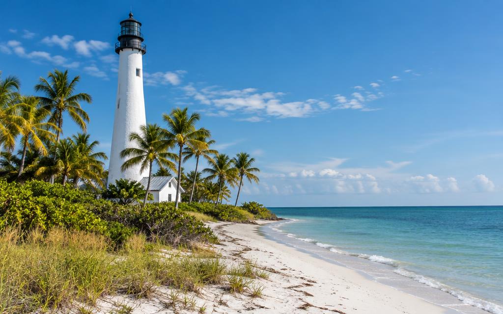 Historic white lighthouse above a quiet island beach
