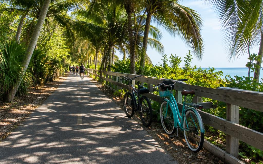 Shaded island bike path beneath palm trees